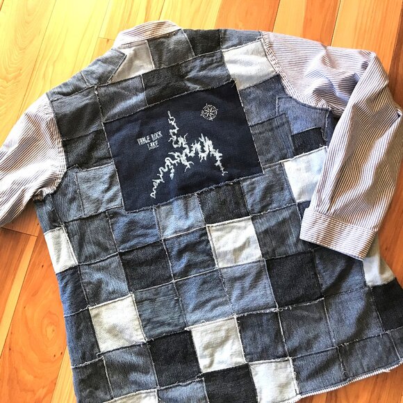 Patchwork Jean Jacket, Men's Size XXL: Upcycled Table Rock Lake Denim Shirt - Picture 10 of 13